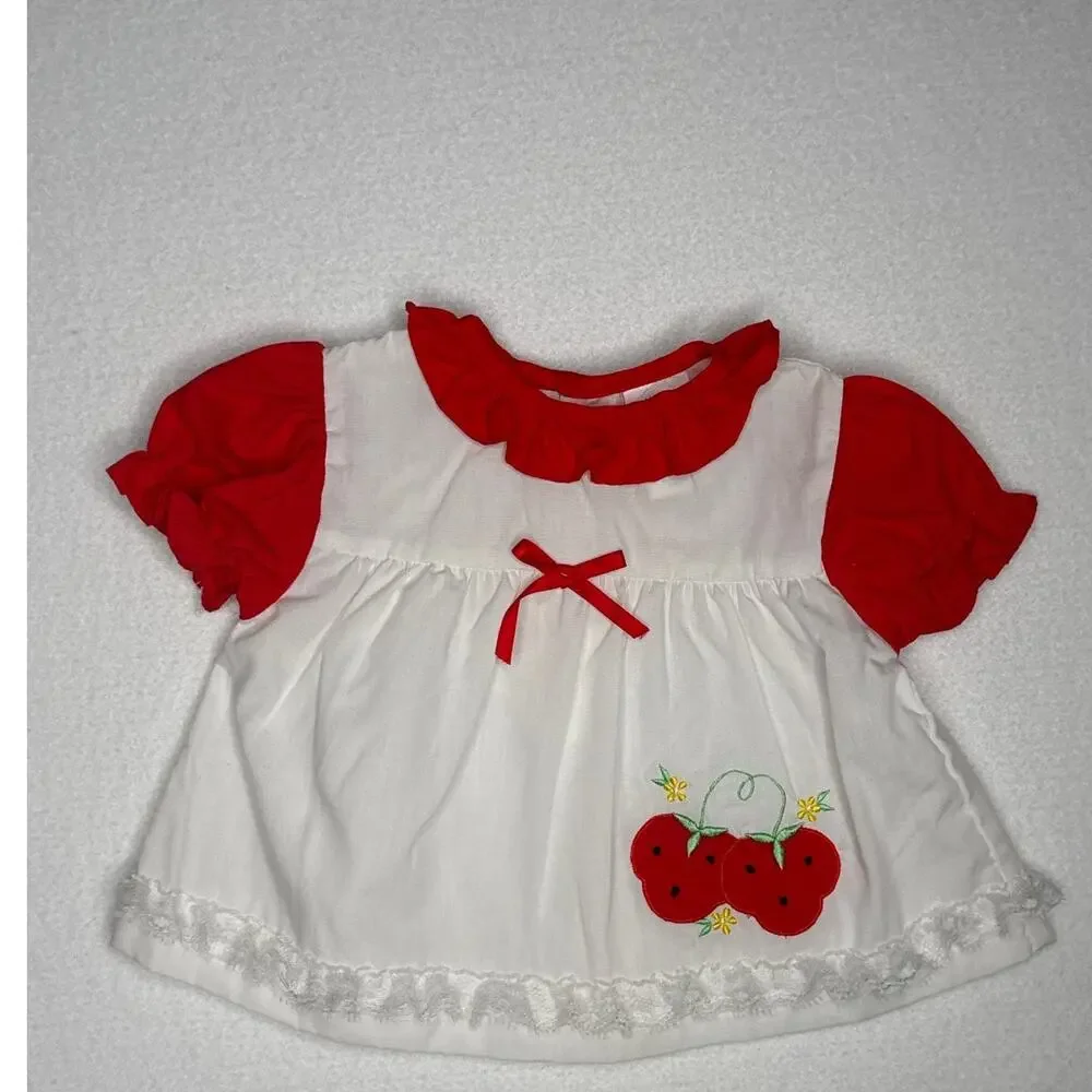 Vintage 1990s Cherry Embroidered Baby Outfit Bloomer Set 6–9M